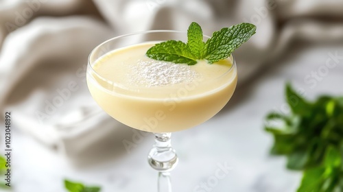 A close-up of a custard apple smoothie in a glass, garnished with mint leaves, beautifully styled on a bright white table for a refreshing drink