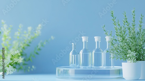 Front View of a Transparent Podium with Laboratory Equipment and Mugwort: Botanical Research and Phytochemical Analysis Against a Blue Science Background photo