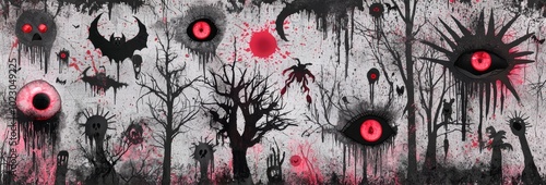 A grunge Halloween collage with torn images of monsters, spooky eyes, and eerie forests, layered with splashes of black paint and blood-red accents. photo