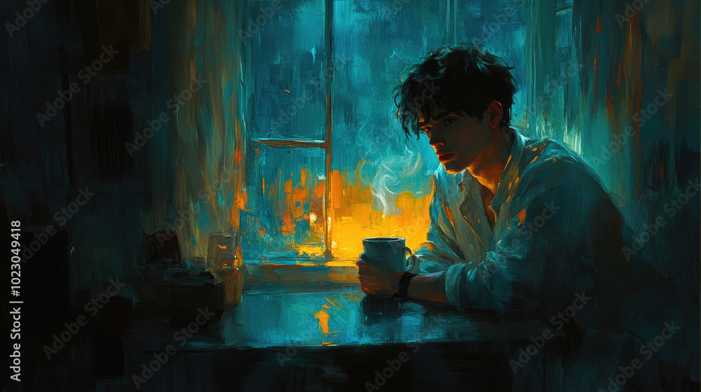 Fototapeta premium A young man gazes thoughtfully out a window, holding a warm drink while soft, colorful light highlights the room during dawn