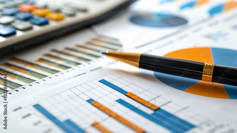 Financial reports with graphs, charts, and calculator. Business analytics and investment strategy planning concept. Financial reports with graphs, charts, and calculator. Business analytics and investment strategy planning concept.