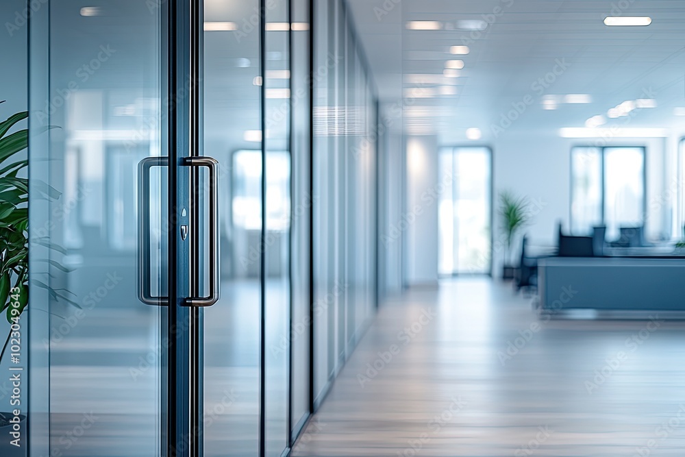 Glass door with a handle in modern office. Great for corporate or business concepts, illustrating professionalism and growth. Glass door with a handle in modern office. Great for corporate or business concepts, illustrating professionalism and growth.