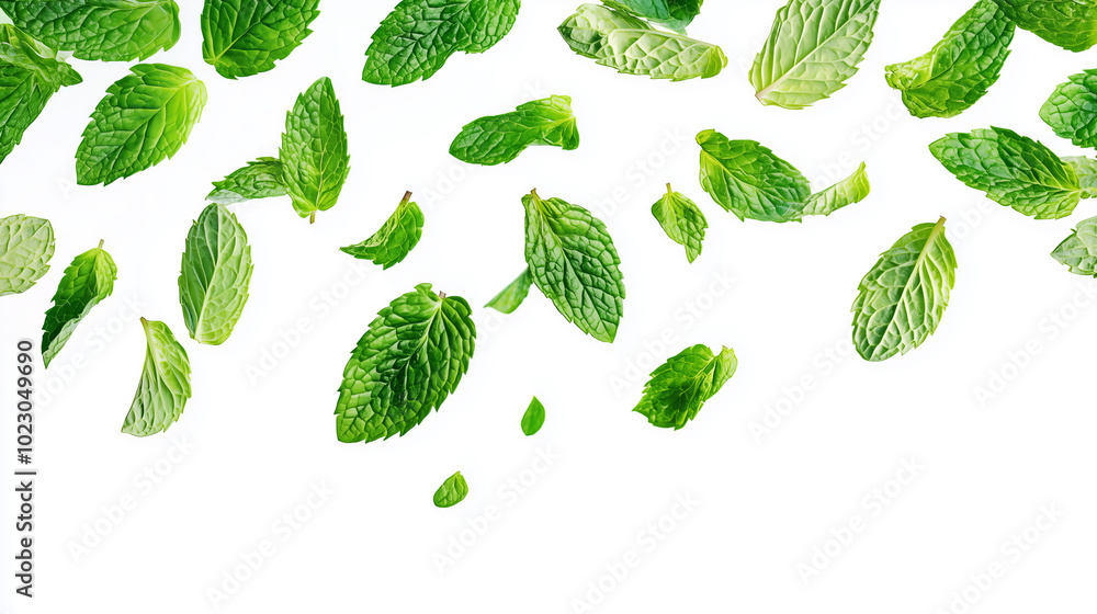 Fresh Mint Leaves Floating on White Background Fresh Mint Leaves Floating on White Background