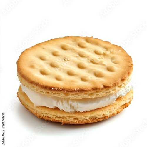 Cream-filled sandwich biscuit, isolated on white background.