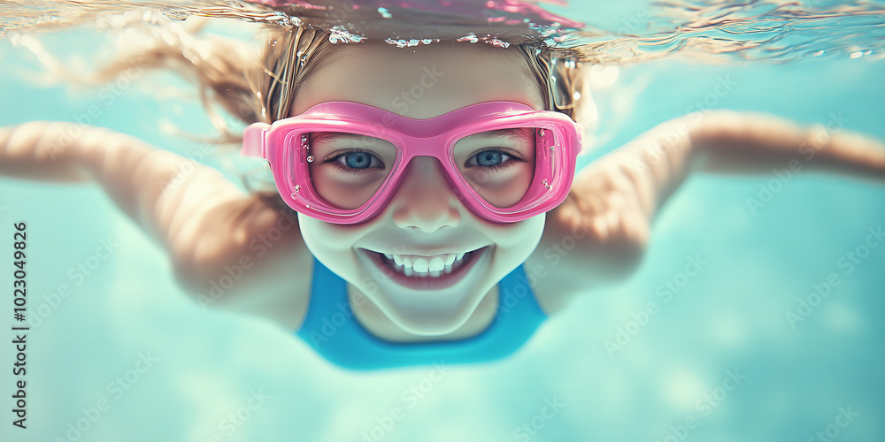 Naklejka premium Smiling Girl Swimming Underwater with Pink Goggles