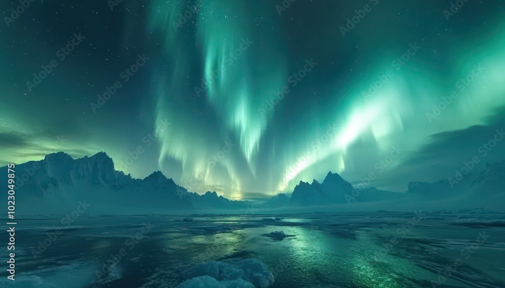 Fototapeta premium Majestic aurora borealis dances over icy North Pole landscape in harmony at night