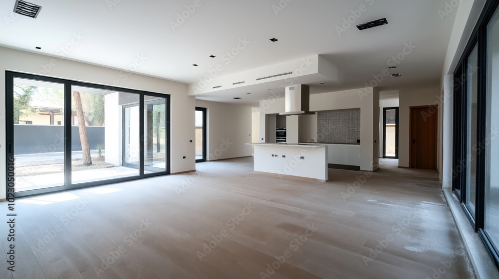 Modern unfurnished open-plan living room and kitchen with large windows and wooden flooring in a contemporary residential interior space. Modern unfurnished open-plan living room and kitchen with large windows and wooden flooring in a contemporary residential interior space.
