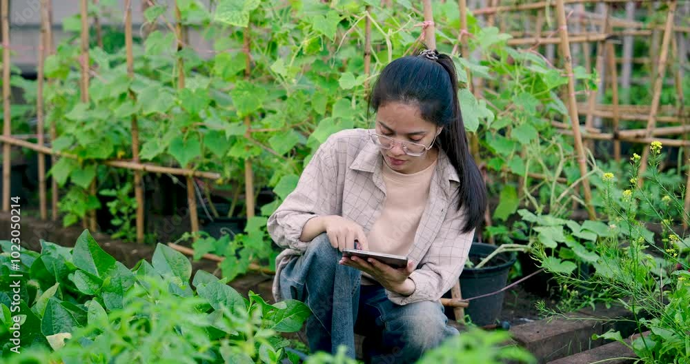 Asian woman seated in organic garden using tablet to monitor plants. Surrounded by leafy green vegetables and vines. Focus on combining technology with sustainable home gardening practices. Asian woman seated in organic garden using tablet to monitor plants. Surrounded by leafy green vegetables and vines. Focus on combining technology with sustainable home gardening practices.