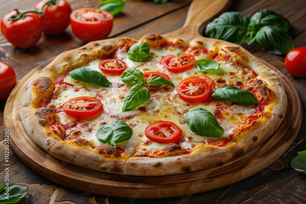A pizza with tomatoes and basil on top sits on a wooden board, generative ai image A pizza with tomatoes and basil on top sits on a wooden board, generative ai image