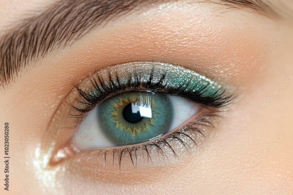 Closeup shot of female green pistachio colour eye with day makeup - generative ai Closeup shot of female green pistachio colour eye with day makeup - generative ai