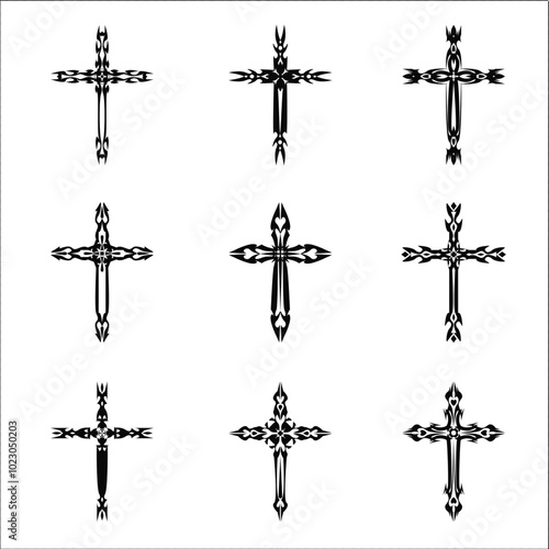 Christian cross vector icon symbols.  Abstract christian religious belief or faith art illustration for orthodox or catholic design. The symbol of the cross in various designs used in tattoo.