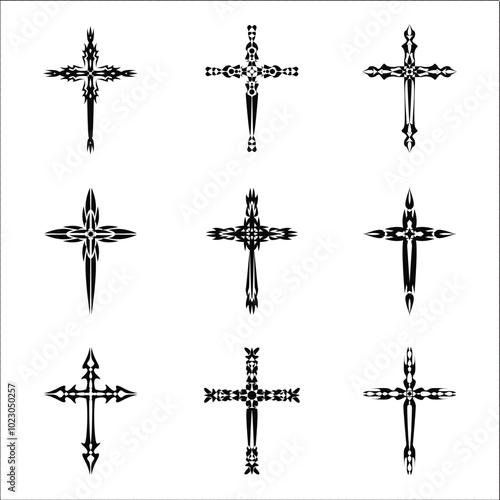 Christian cross vector icon symbols.  Abstract christian religious belief or faith art illustration for orthodox or catholic design. The symbol of the cross in various designs used in tattoo.