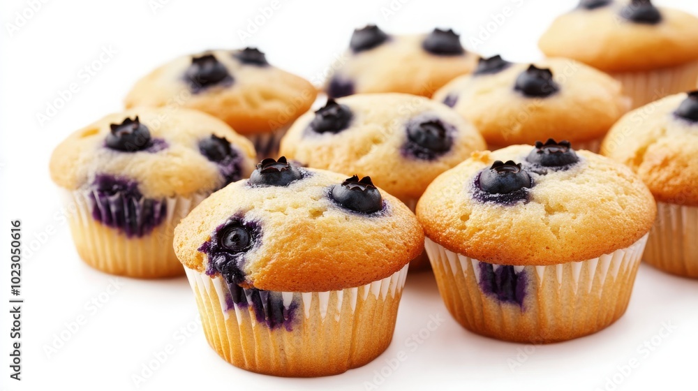 A close-up of blueberry muffins, golden brown with blueberries peeking through, displayed on a bright white background for a mouthwatering effect A close-up of blueberry muffins, golden brown with blueberries peeking through, displayed on a bright white background for a mouthwatering effect