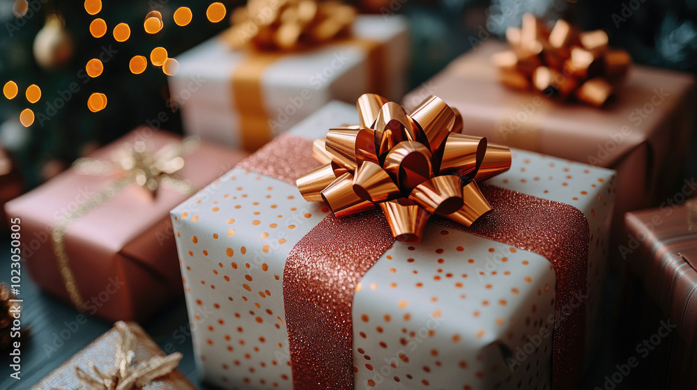 A collection of beautifully wrapped holiday gifts with shimmering bows, set against a backdrop of festive lights and decorations A collection of beautifully wrapped holiday gifts with shimmering bows, set against a backdrop of festive lights and decorations