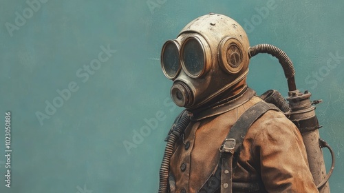 A person wearing a vintage diving suit. The photo represents the dangers and beauty of the ocean.