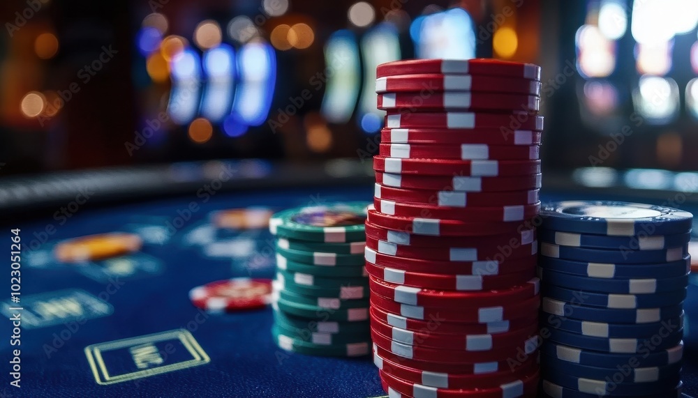 High roller betting with stacked chips at a casino table in Las Vegas during a lively evening High roller betting with stacked chips at a casino table in Las Vegas during a lively evening