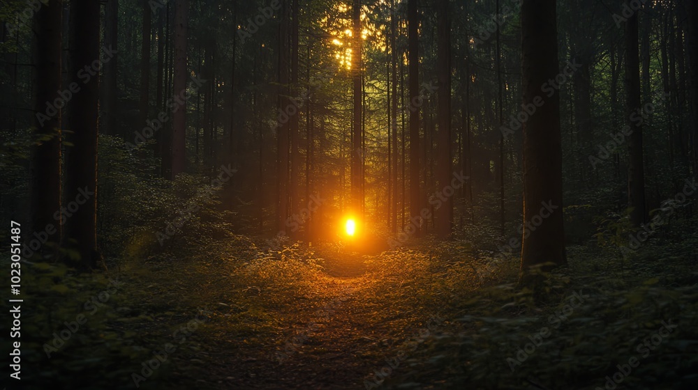 A glowing light shines through the trees of a dark, misty forest. A glowing light shines through the trees of a dark, misty forest.
