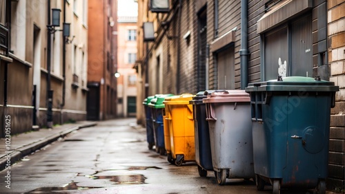 Portrait of Colorful Trash Bins in Urban Alley