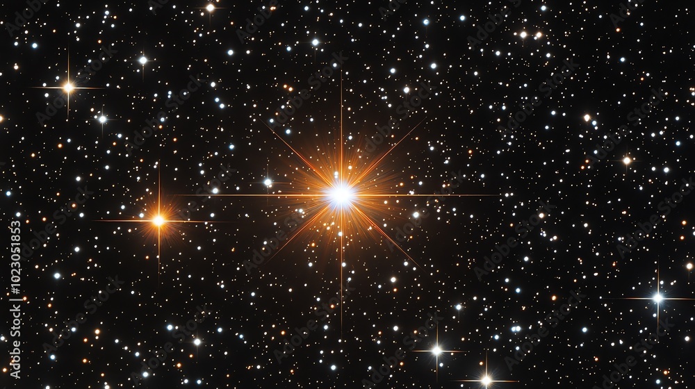 A bright star shines in a dark night sky filled with stars. A bright star shines in a dark night sky filled with stars.