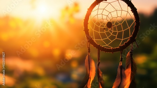 Dream catcher in sunset glow for serene tranquility and positive energy photo