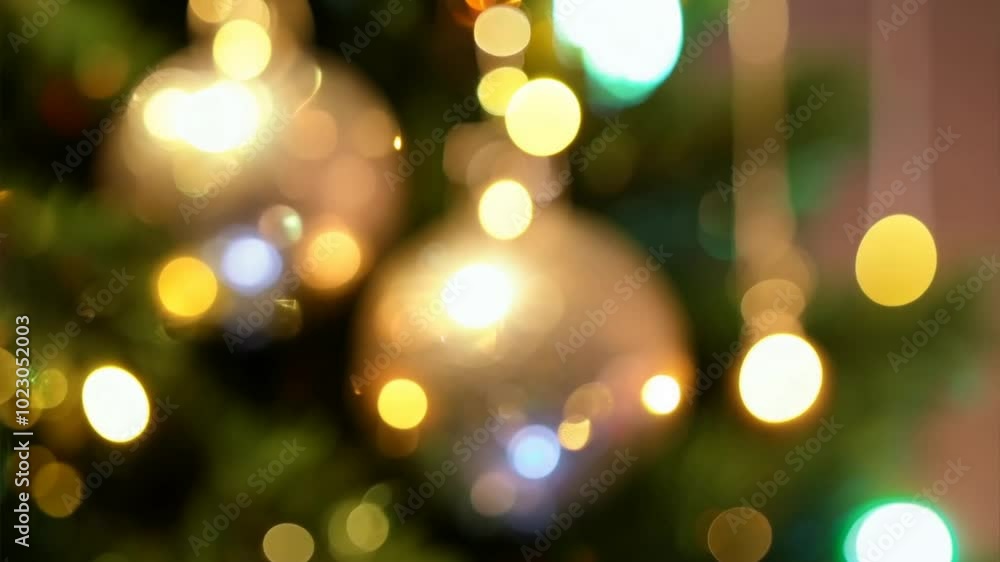 Blurred Christmas tree, lights, focusing on gold glitter balls Blurred Christmas tree, lights, focusing on gold glitter balls