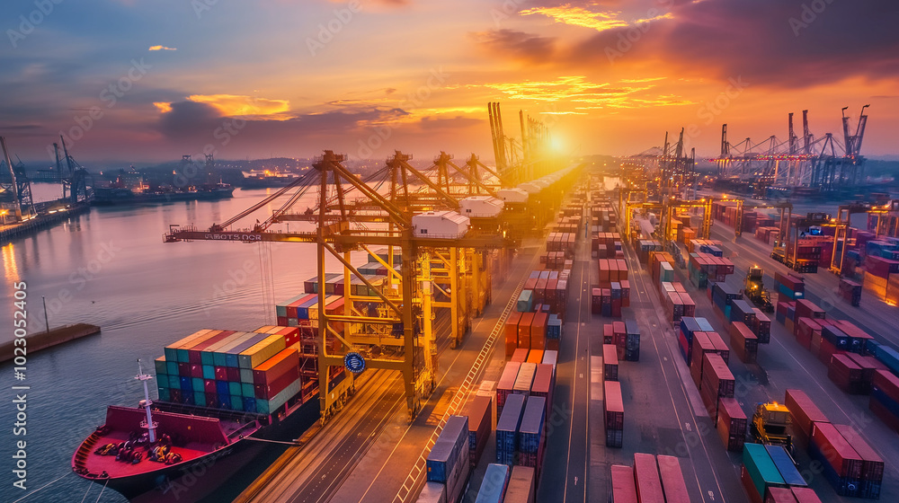 A captivating sunset casting golden light over an industrial sea port filled with shipping containers. A captivating sunset casting golden light over an industrial sea port filled with shipping containers.