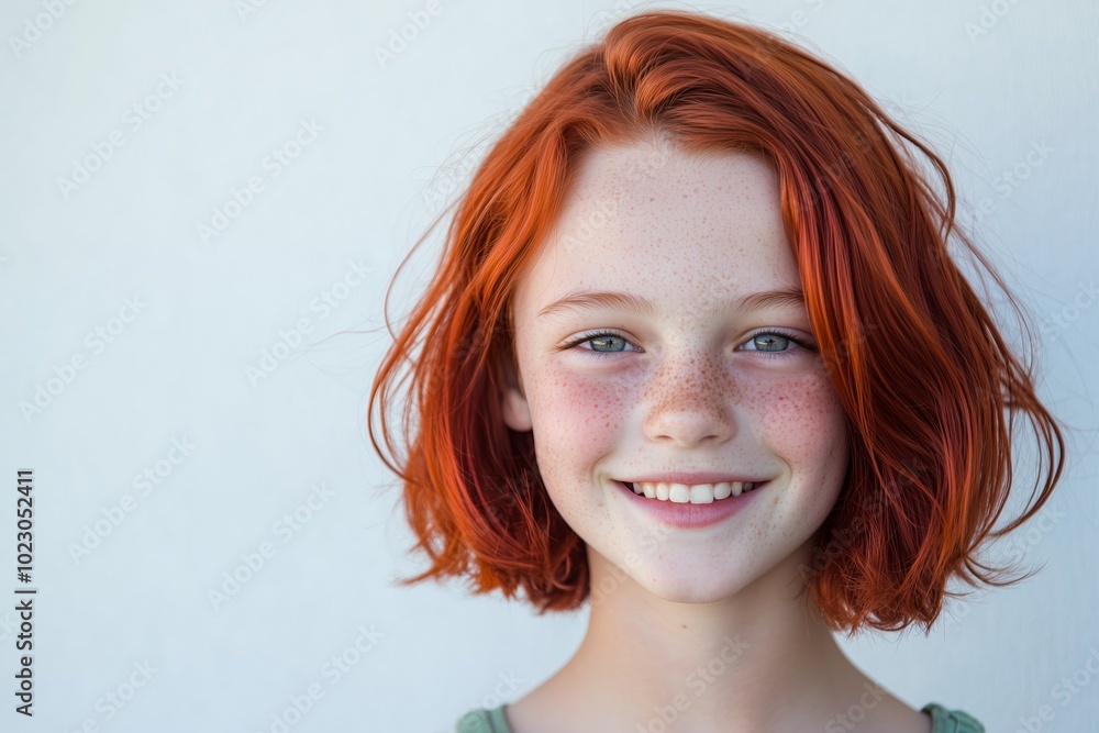 Joyful redhead girl with freckles and short hair smiling Joyful redhead girl with freckles and short hair smiling