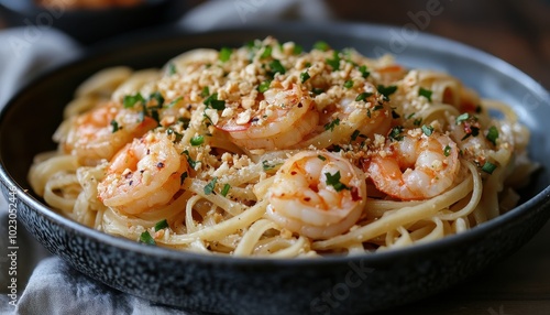 Delicious Pad Thai featuring shrimp served in a rustic bowl with crushed peanuts and herbs