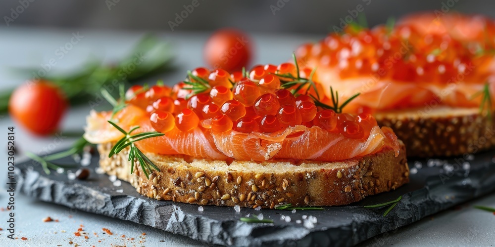 sandwich with red caviar on dark background close-up sandwich with red caviar on dark background close-up