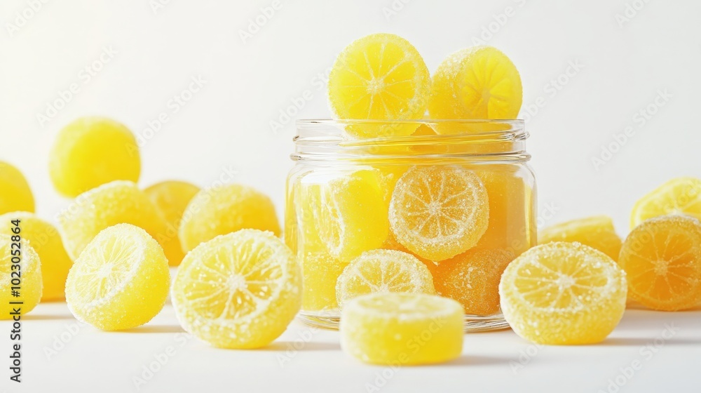 A creative depiction of lemon-flavored candies displayed in a jar, emphasizing their bright yellow color and sweet appeal against a clean white backdrop A creative depiction of lemon-flavored candies displayed in a jar, emphasizing their bright yellow color and sweet appeal against a clean white backdrop