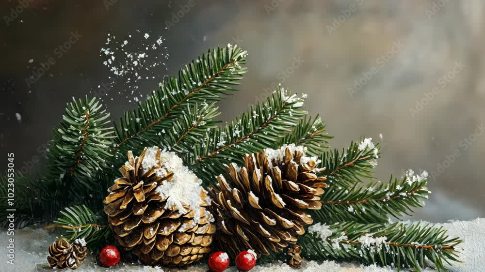 Pine cones and evergreen branches are covered in snow during a winter snowfall Pine cones and evergreen branches are covered in snow during a winter snowfall