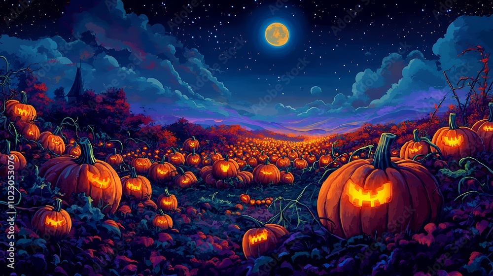 A colorful cartoon-style illustration of a pumpkin patch at night, with dozens of jack-o'-lanterns glowing warmly. Vines wrap around the pumpkins, A colorful cartoon-style illustration of a pumpkin patch at night, with dozens of jack-o'-lanterns glowing warmly. Vines wrap around the pumpkins,
