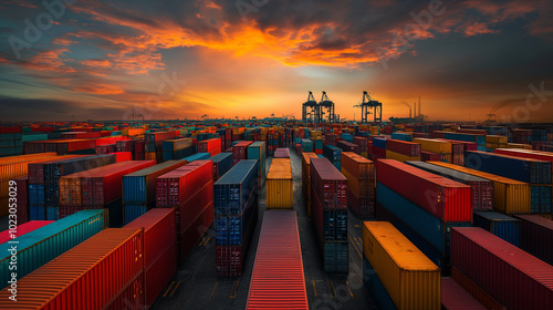 Twilight descends on a bustling container terminal, showcasing rows of multicolored containers from an aerial perspective.