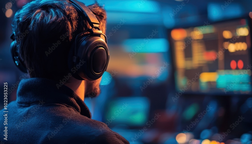 Quality assurance specialist analyzing call recordings in a modern workspace at night Quality assurance specialist analyzing call recordings in a modern workspace at night