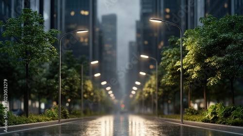 Misty Urban Street Scene with Lush Greenery and Glowing Streetlights