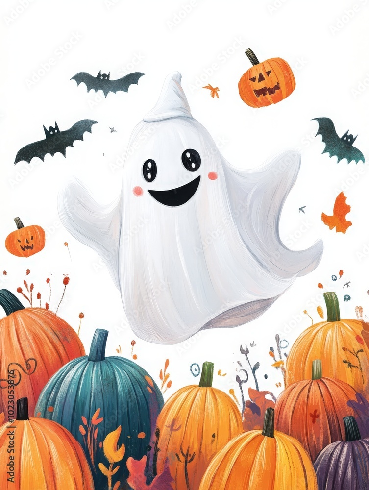 A mischievous ghost with sparkling eyes, blending Casper sweetness and Slimer grin, floats over a colorful pumpkin patch, creating a joyful scene on a white background A mischievous ghost with sparkling eyes, blending Casper sweetness and Slimer grin, floats over a colorful pumpkin patch, creating a joyful scene on a white background