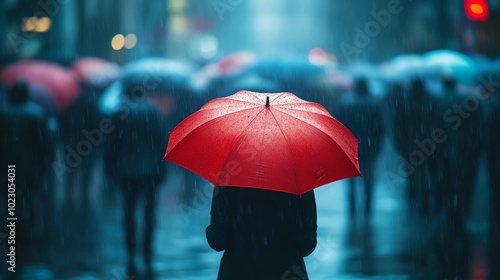 Wallpaper Mural A person walks through a busy city street in the rain, holding a red umbrella. Torontodigital.ca