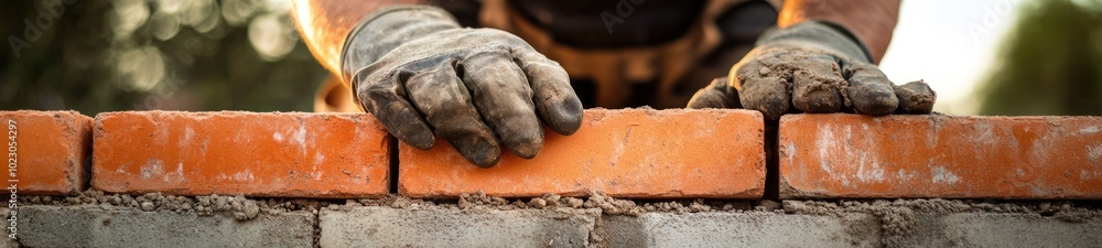 Bricklayer Constructing Stone Wall with Orange Bricks, Hands in Gloves Close-Up in Sunlight Bricklayer Constructing Stone Wall with Orange Bricks, Hands in Gloves Close-Up in Sunlight