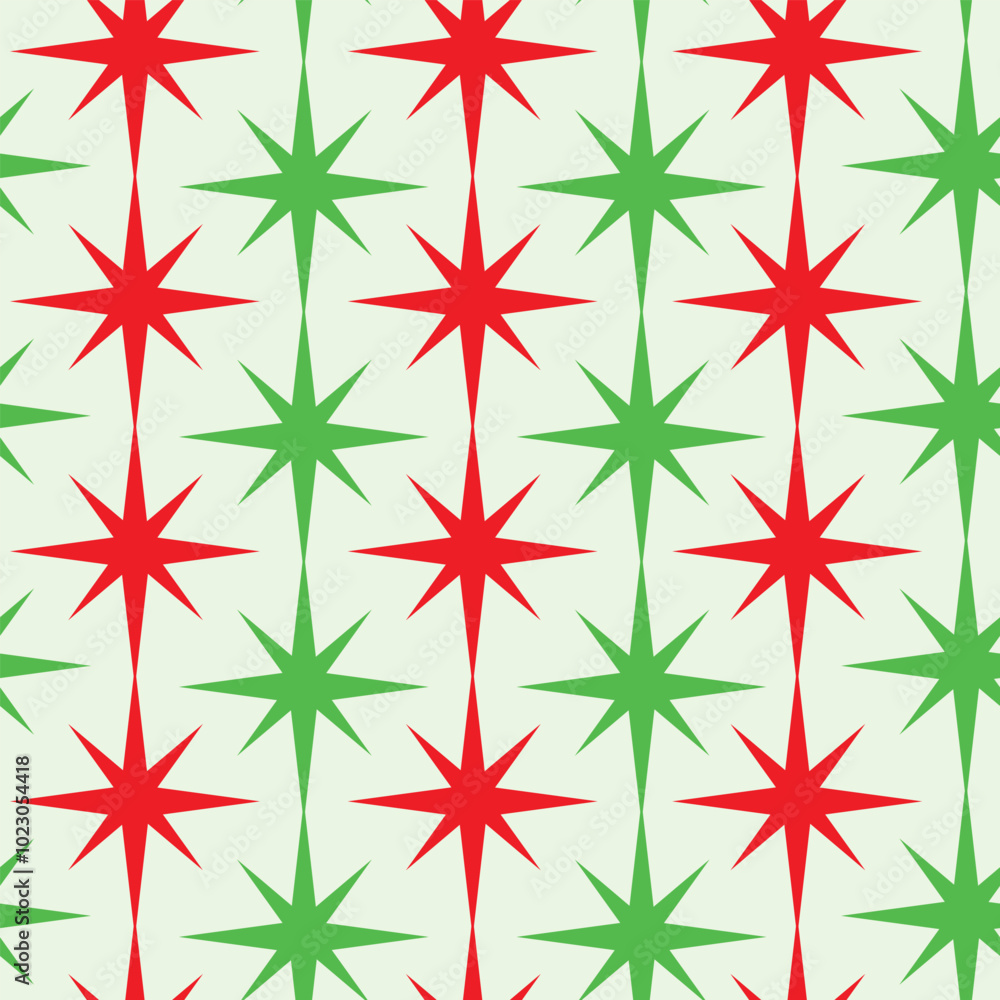 Christmas Red and green mid century atomic starbursts on white background seamless pattern . For Christmas decor, textile and fabric Christmas Red and green mid century atomic starbursts on white background seamless pattern . For Christmas decor, textile and fabric
