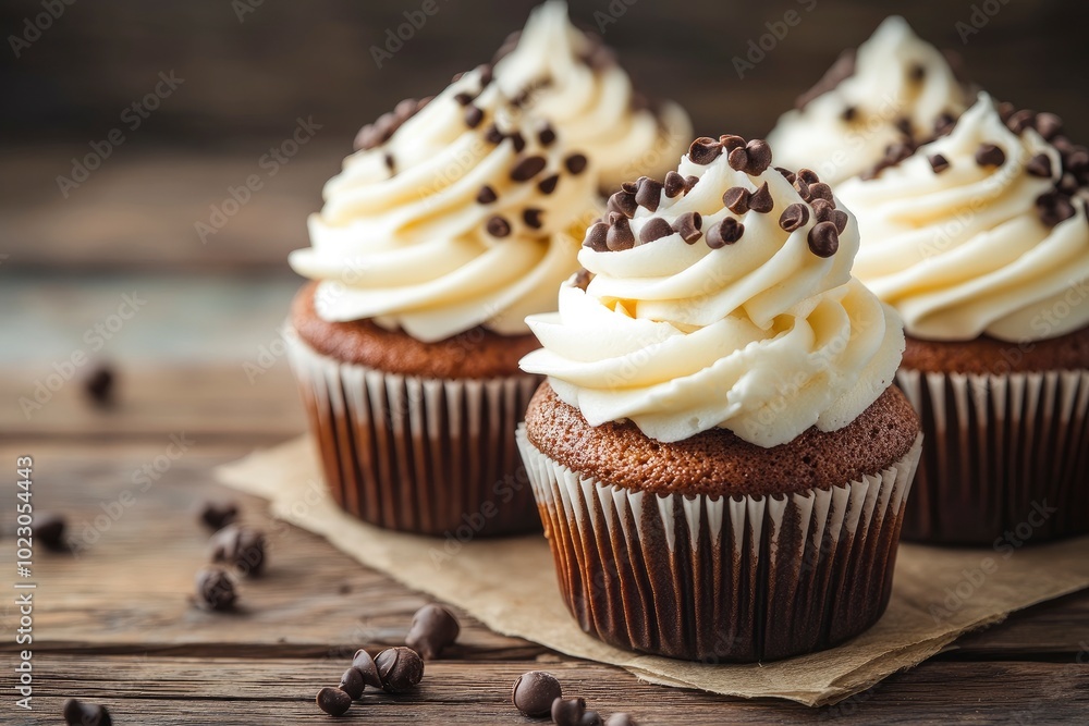 Delicious homemade cupcakes on rustic background - generative ai Delicious homemade cupcakes on rustic background - generative ai