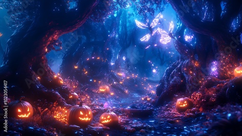 Wallpaper Mural A colorful cartoon-style enchanted forest, with glowing pumpkins nestled among the roots of trees. Magical mist drifts through the air, and fairies with shimmering wings float above, Torontodigital.ca