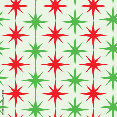 Christmas Red and green mid century  atomic starbursts on white background seamless pattern . For Christmas decor, textile and fabric