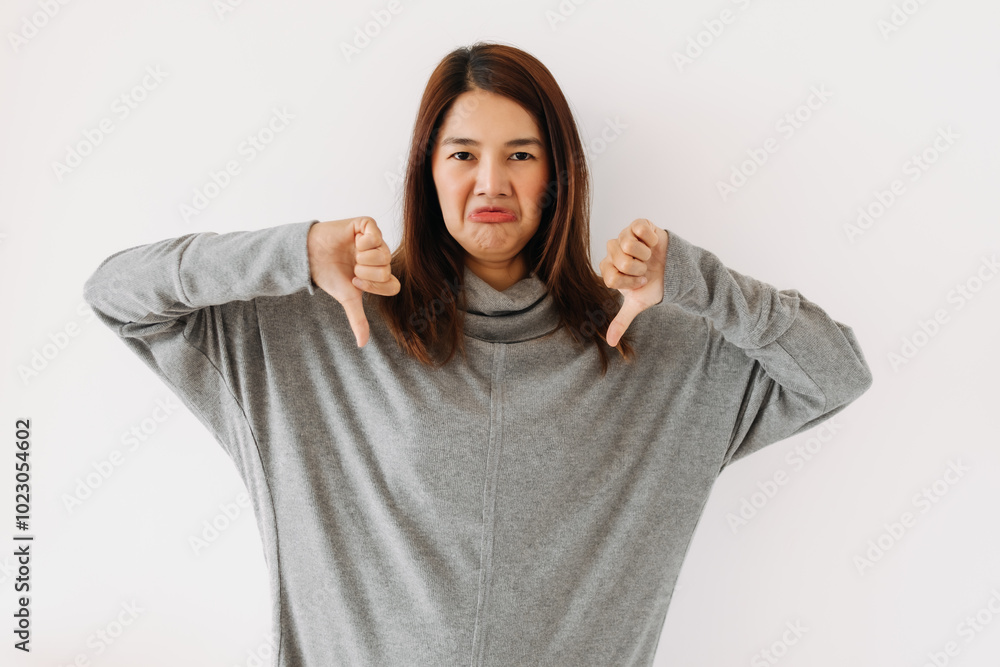 Bored face of asian Thai woman wear grey sweater, pursing mouth and thumbs down, giving bad negative, boring, dislike isolated over white wall. Bored face of asian Thai woman wear grey sweater, pursing mouth and thumbs down, giving bad negative, boring, dislike isolated over white wall.