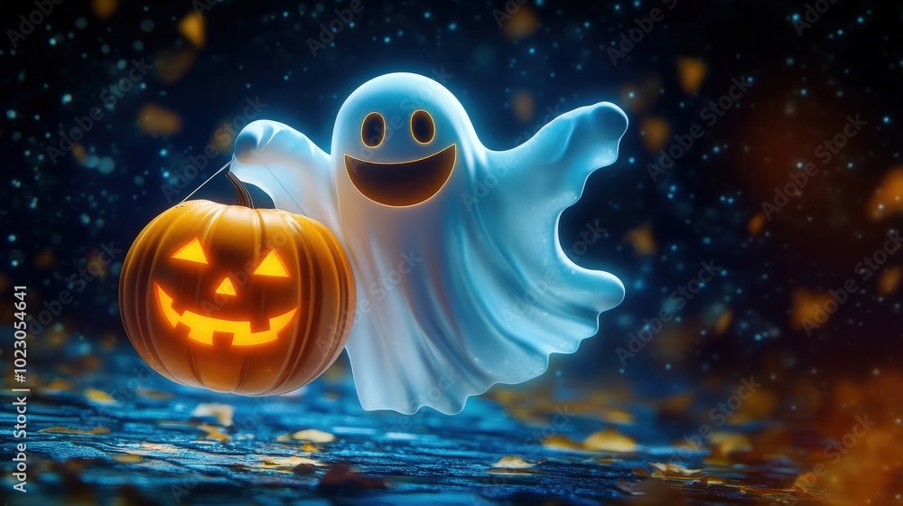Smiling ghost carrying a cheerful pumpkin, floating through the night with Halloween joy