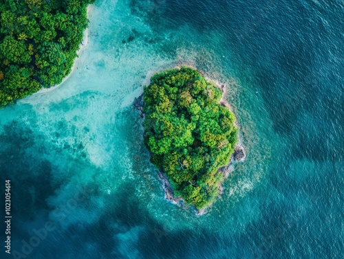 Aerial View of Small Tropical Island Surrounded by Water