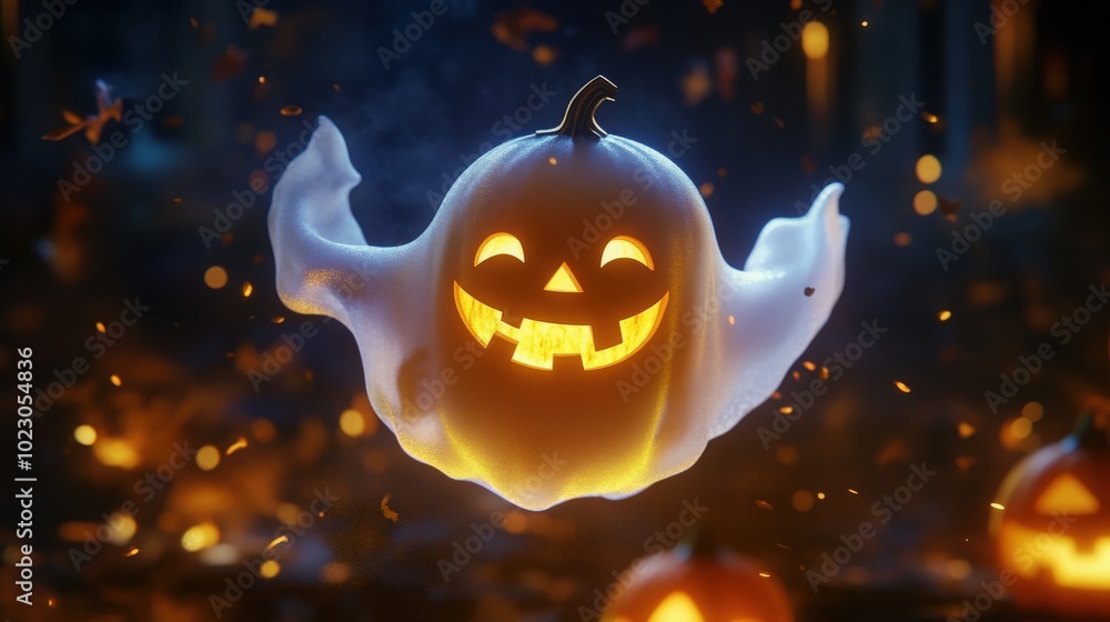 Naklejka premium Smiling ghost with a Jack-o'-lantern, floating through the Halloween night with a playful grin