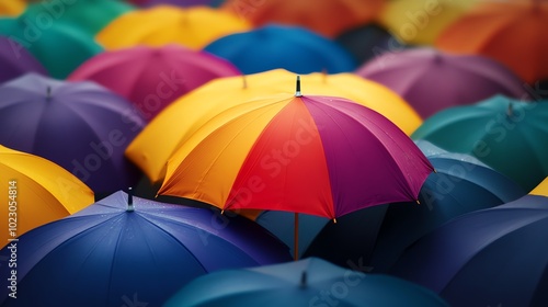 A group of colorful umbrellas with a red, orange, and yellow umbrella in the middle.