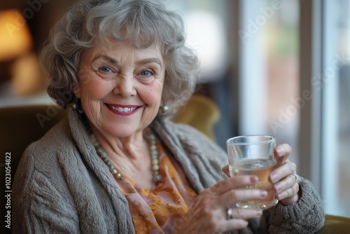 A smiling elderly woman holds a drink, sitting comfortably in a cozy nursing home environment