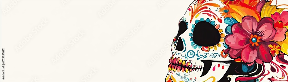 Fototapeta premium Colorful sugar skull decoration showcasing intricate floral designs and patterns, perfect for Dia de los Muertos celebrations.