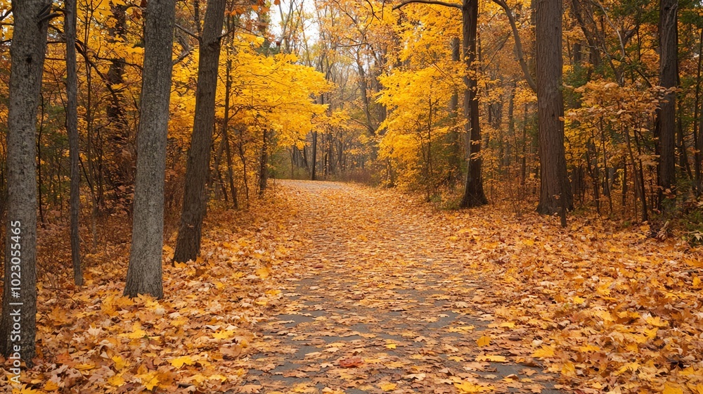 Fototapeta premium A path through a forest in the fall, covered in fallen leaves.